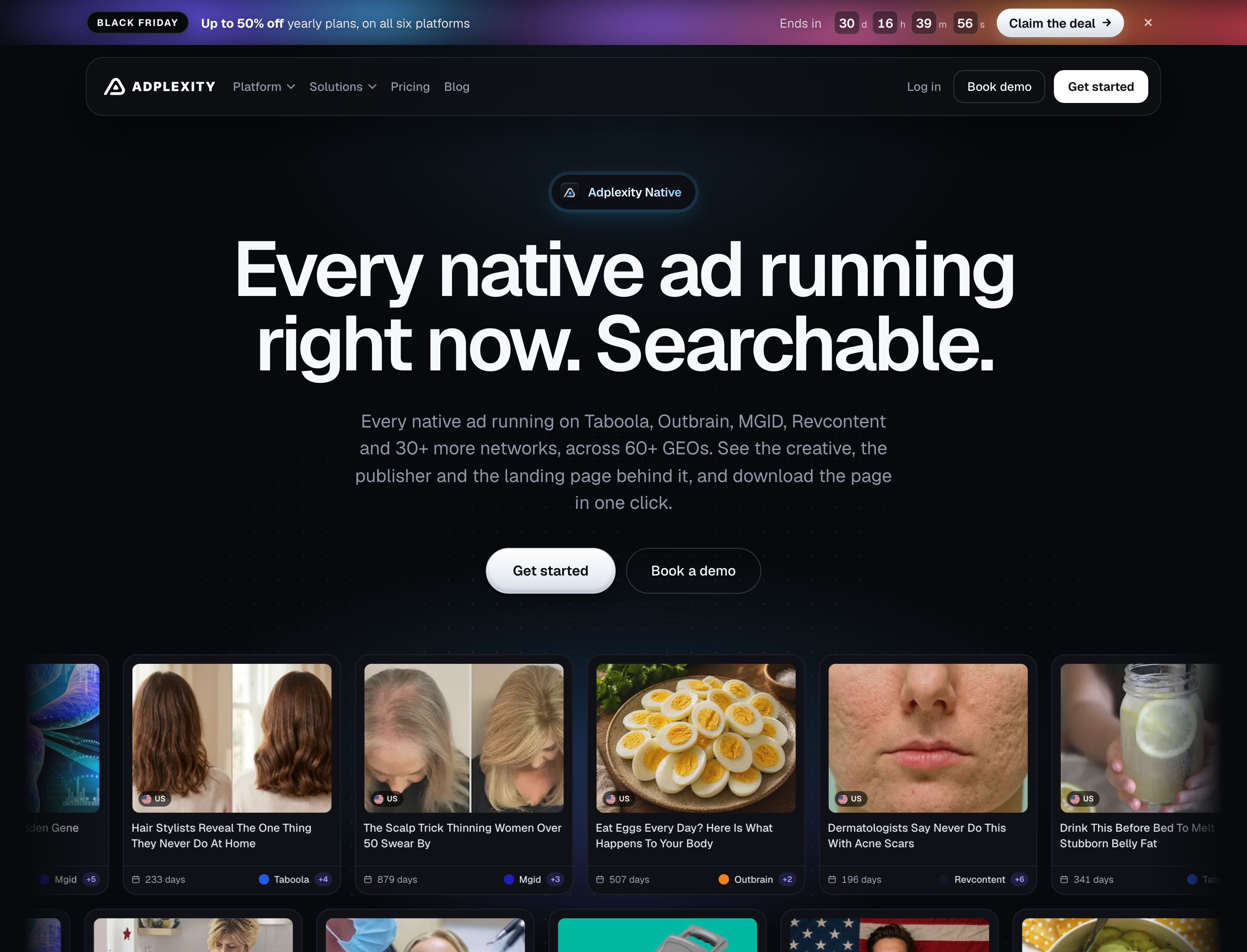 adplexity.com/native: Taboola, Outbrain, MGID, Revcontent and 30+ more networks, 60+ GEOs; 31 October 2026