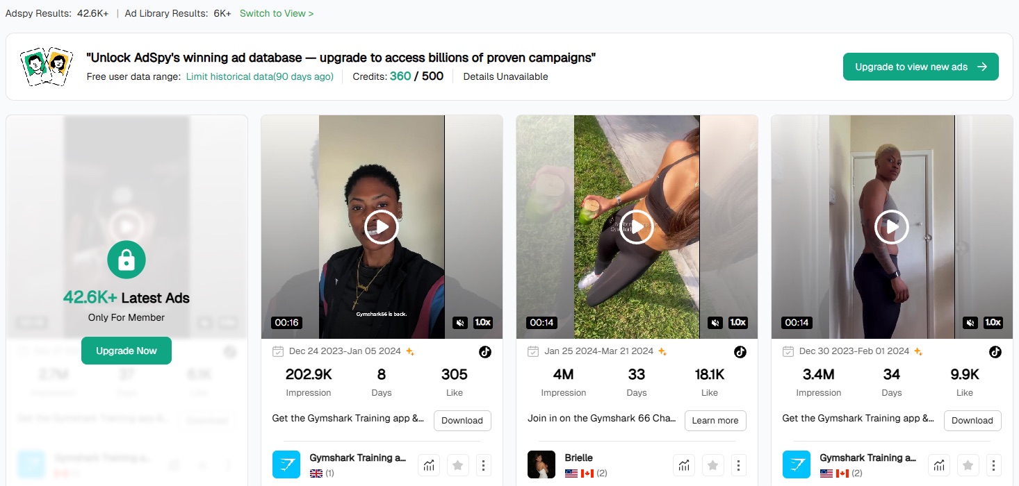 PiPiADS trial search for gymshark with the 90-day data limit and the latest ads locked