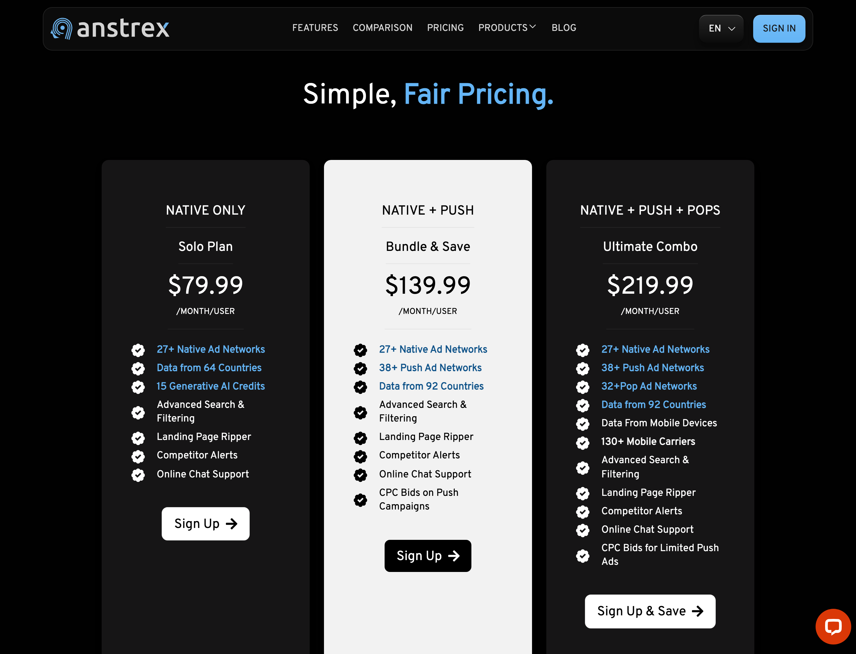 anstrex.com/product/native, Pricing block: Native only $79.99, Native + Push $139.99, Native + Push + Pops $219.99 per month per user; 31 October 2026